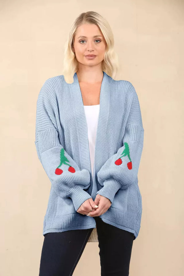 Kind Vibe Women’s Cheery Print Balloon Sleeve Short Cardigan Knitted Jumper Top Comfort - Sky Blue