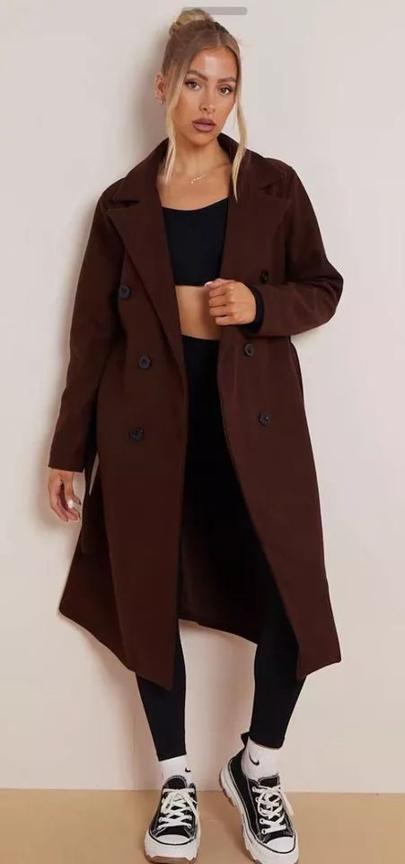 Kind Vibe Women’s Commuter Double Breasted Notch Label Waist Tie Pocket Thermal Coat Belted Jacket - Chocolate