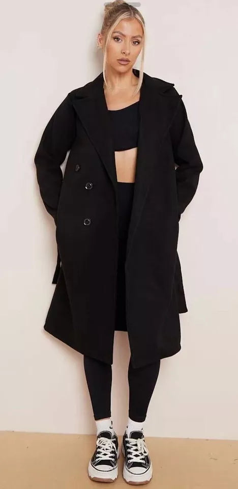 Kind Vibe Women’s Commuter Double Breasted Notch Label Waist Tie Pocket Thermal Coat Belted Jacket - Black