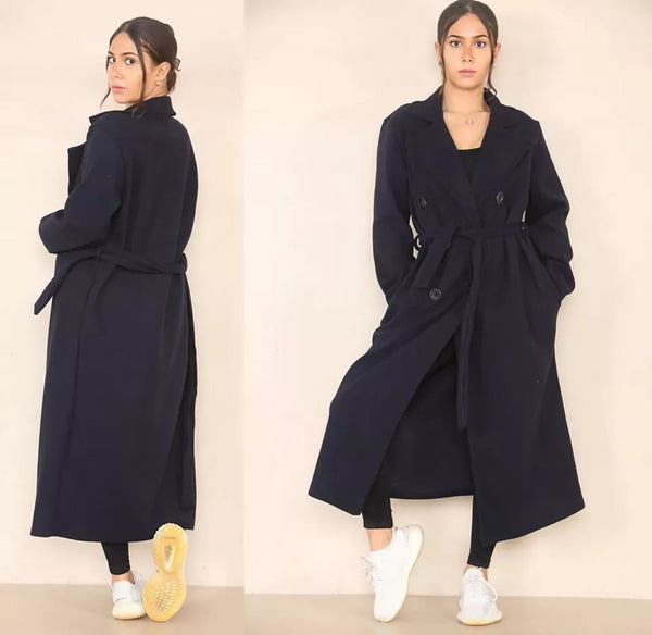 Kind Vibe Women’s Commuter Double Breasted Notch Label Waist Tie Pocket Thermal Coat Belted Jacket - Navy