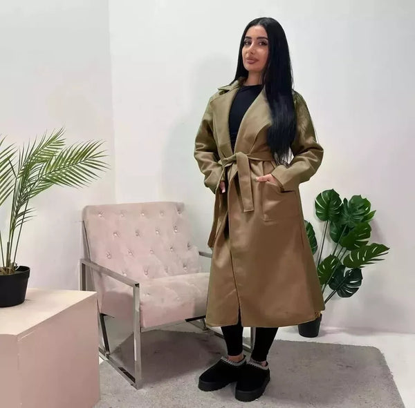 Kind Vibe Women’s lapel collar Jacket With dual Side Pockets and waist Tie Belt coat - Camel