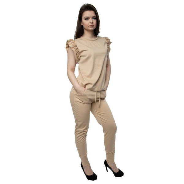 Kind Vibe Women's Frill Boxy With Trouser Co Ord Set - Beige