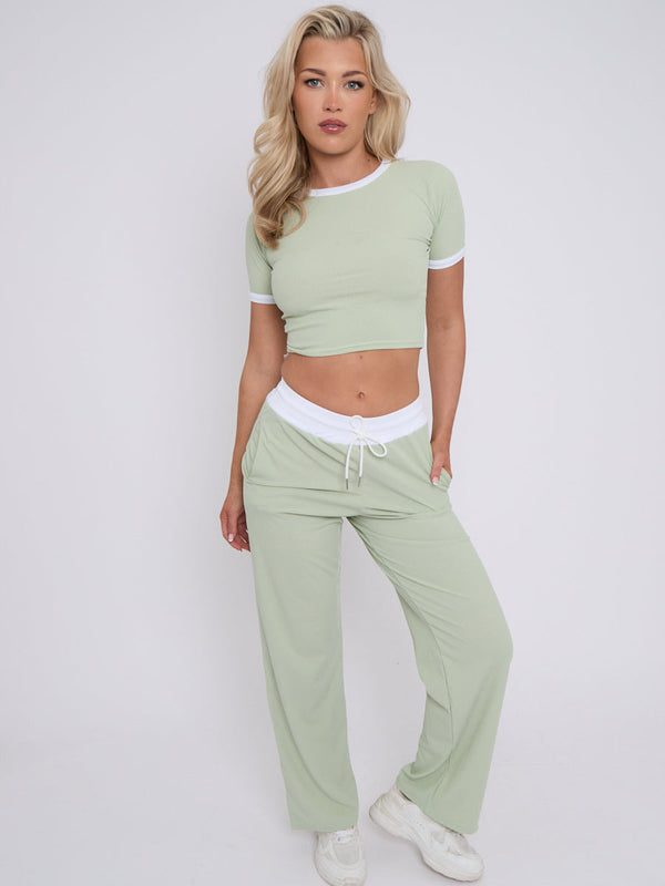 Kind Vibe Women's Ribbed Contras Cap Sleeve Crop Top and Trouser Two Piece Co-ord Set - Sage