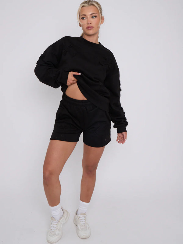 Kind Vibe Women's Cross Embroidered T-Shirt & Shorts Co-ord Set - Black